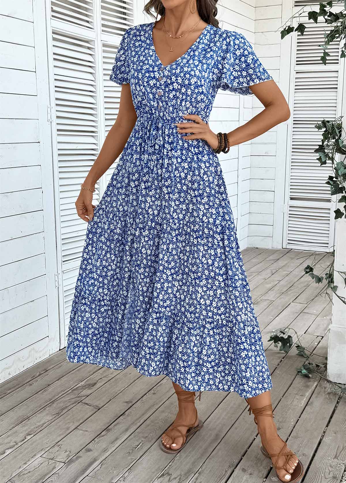 Dark Blue Tummy Coverage Ditsy Floral Print Dress | picture 