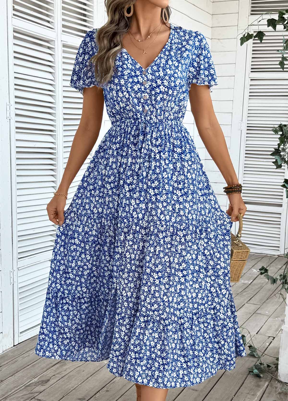 Dark Blue Tummy Coverage Ditsy Floral Print Dress | picture 