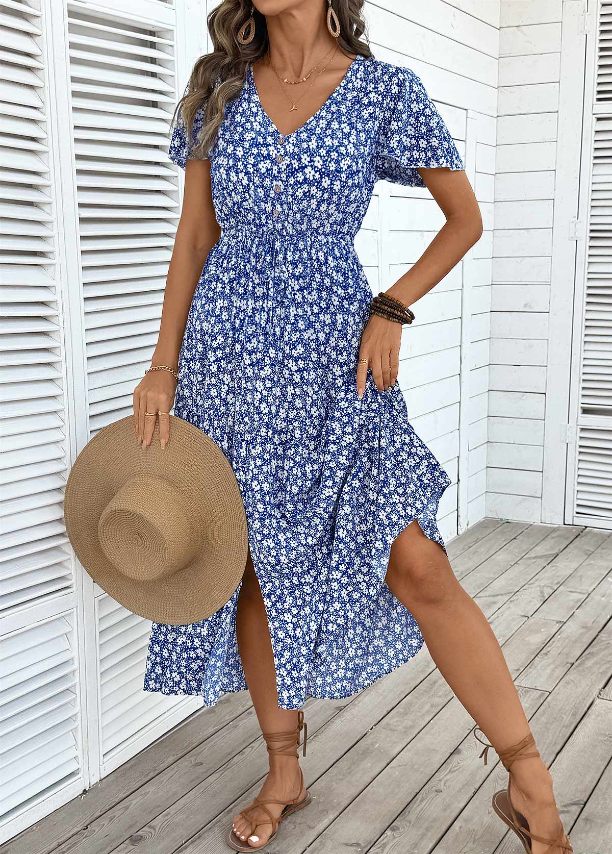 Dark Blue Tummy Coverage Ditsy Floral Print Dress | picture 