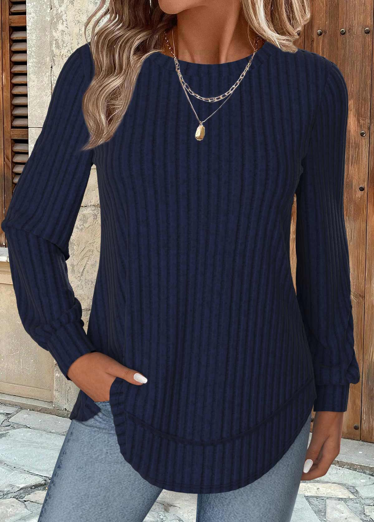 Navy Long Sleeve Round Neck Sweatshirt | picture 