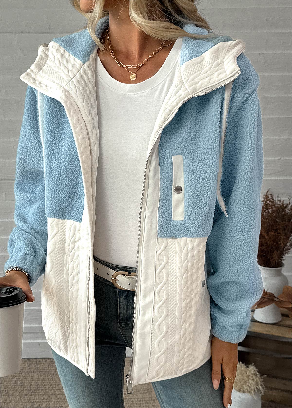 Light Blue Tummy Coverage Long Sleeve Hooded Coat | picture 