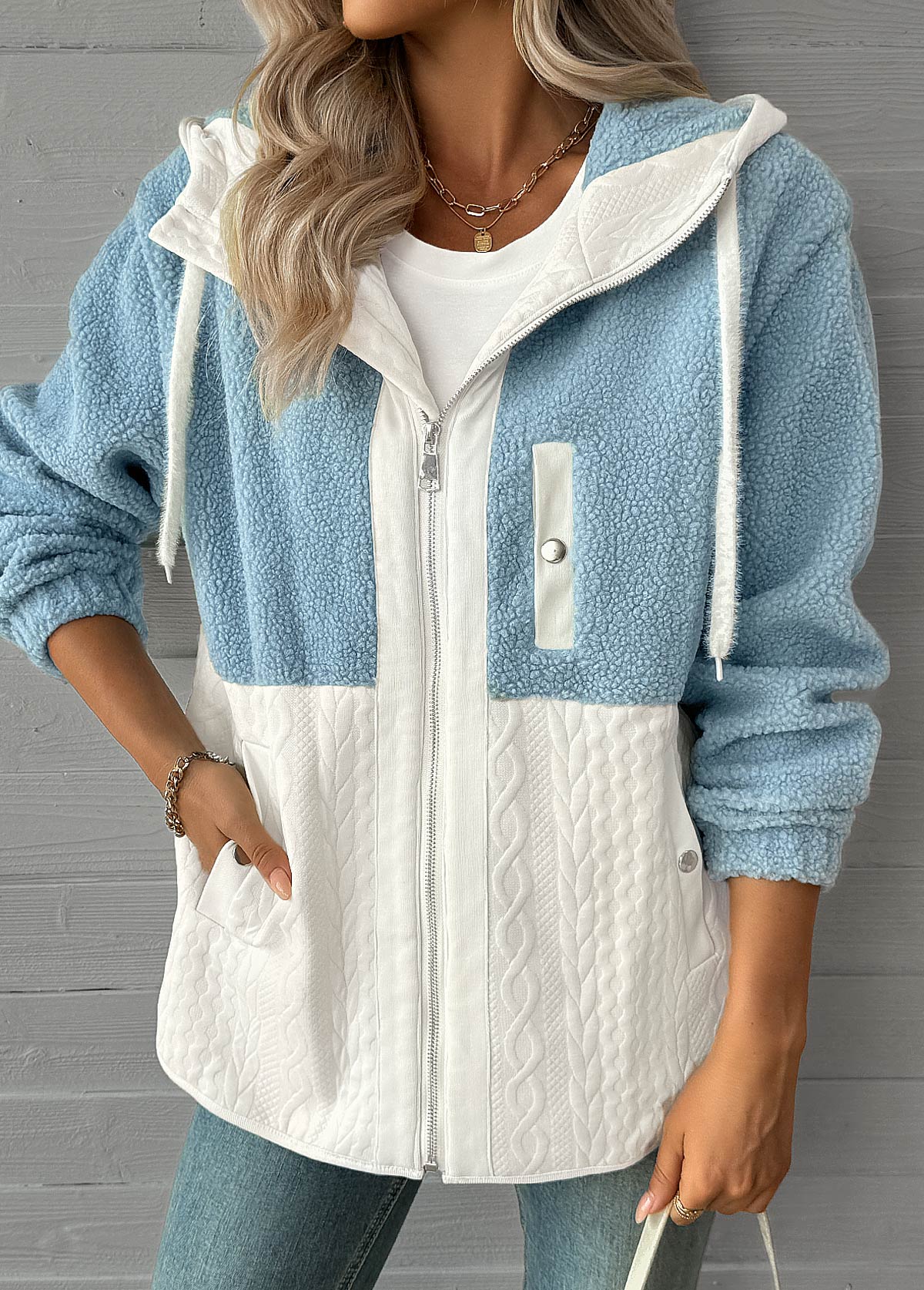 Light Blue Tummy Coverage Long Sleeve Hooded Coat | picture 