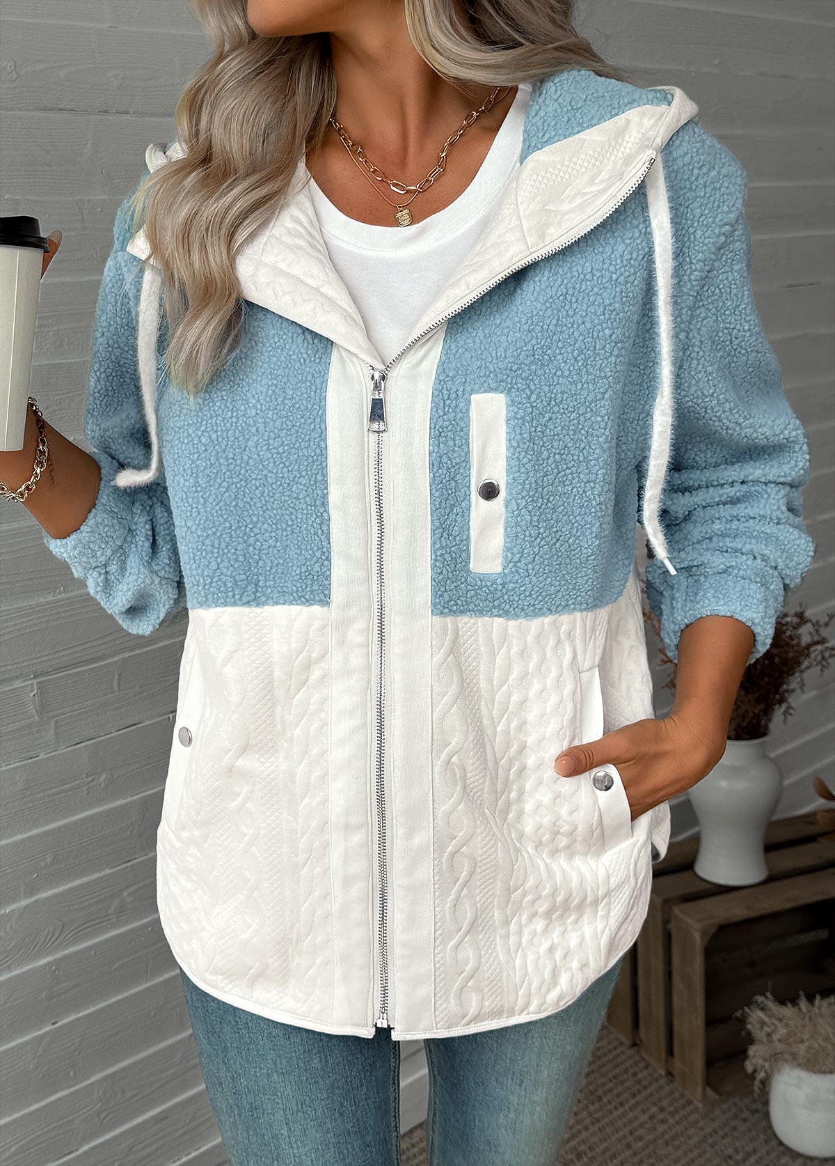 Light Blue Tummy Coverage Long Sleeve Hooded Coat | picture 