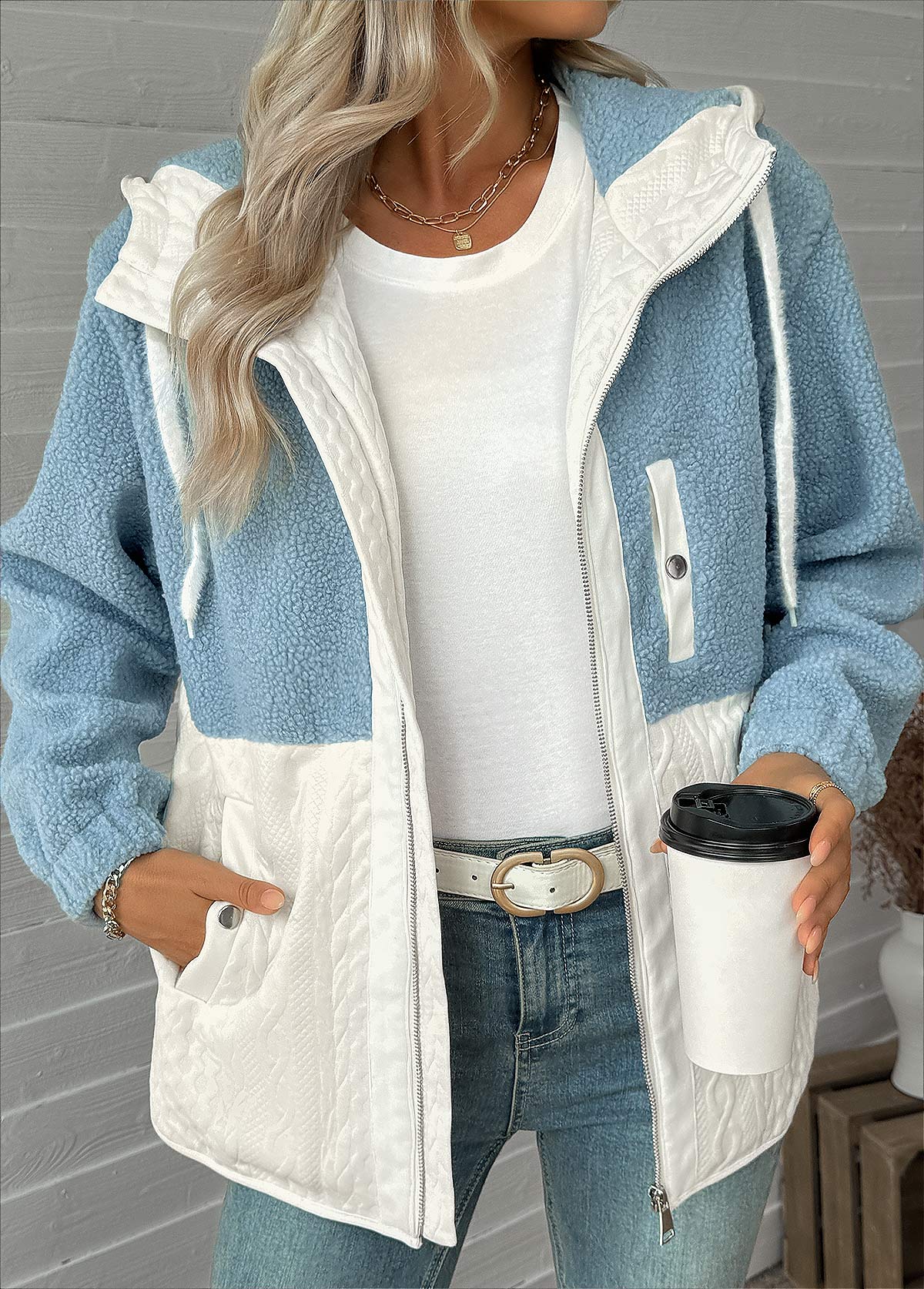 Light Blue Tummy Coverage Long Sleeve Hooded Coat | picture 