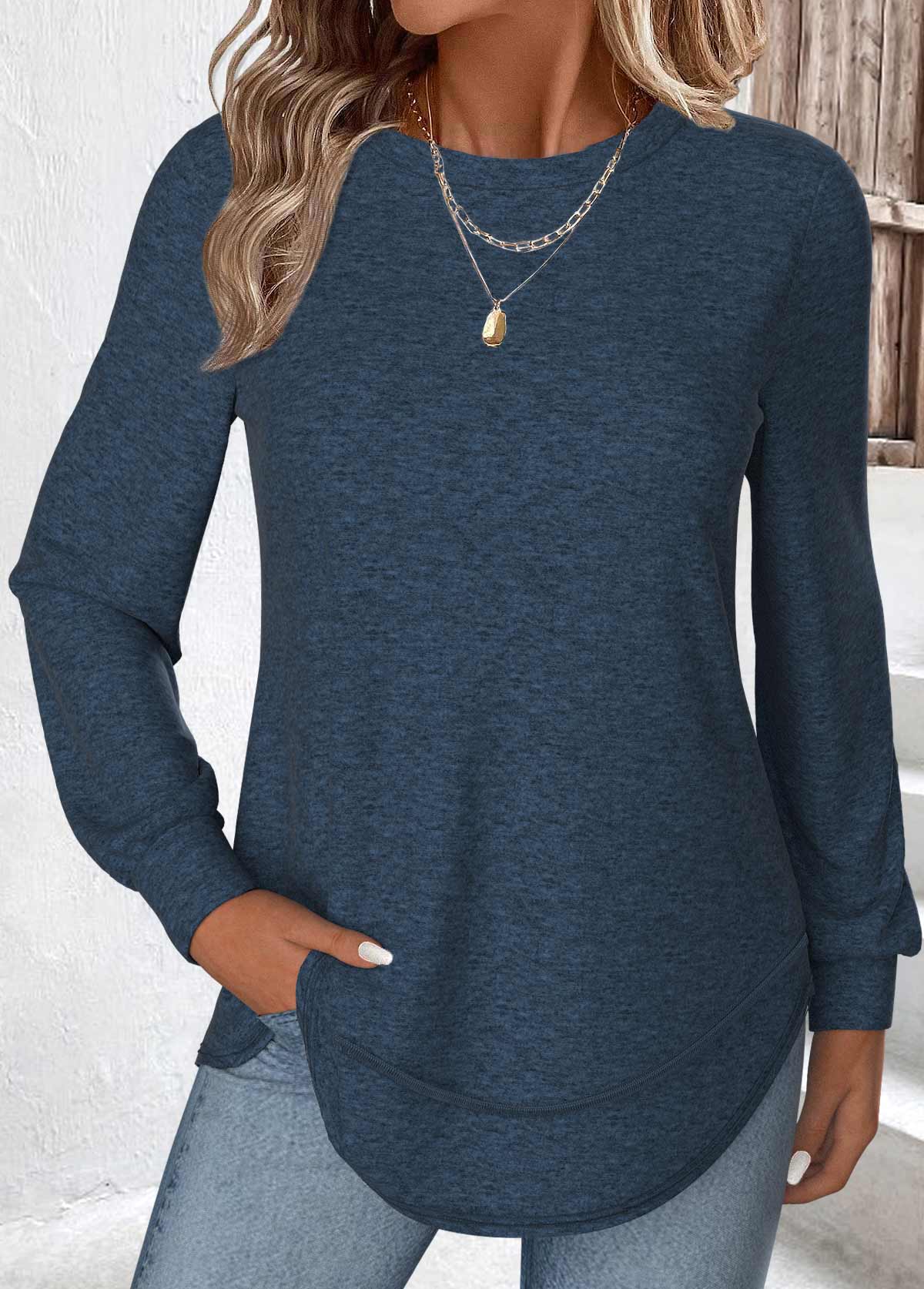 Peacock Blue Curved Hem Long Sleeve T Shirt | picture 
