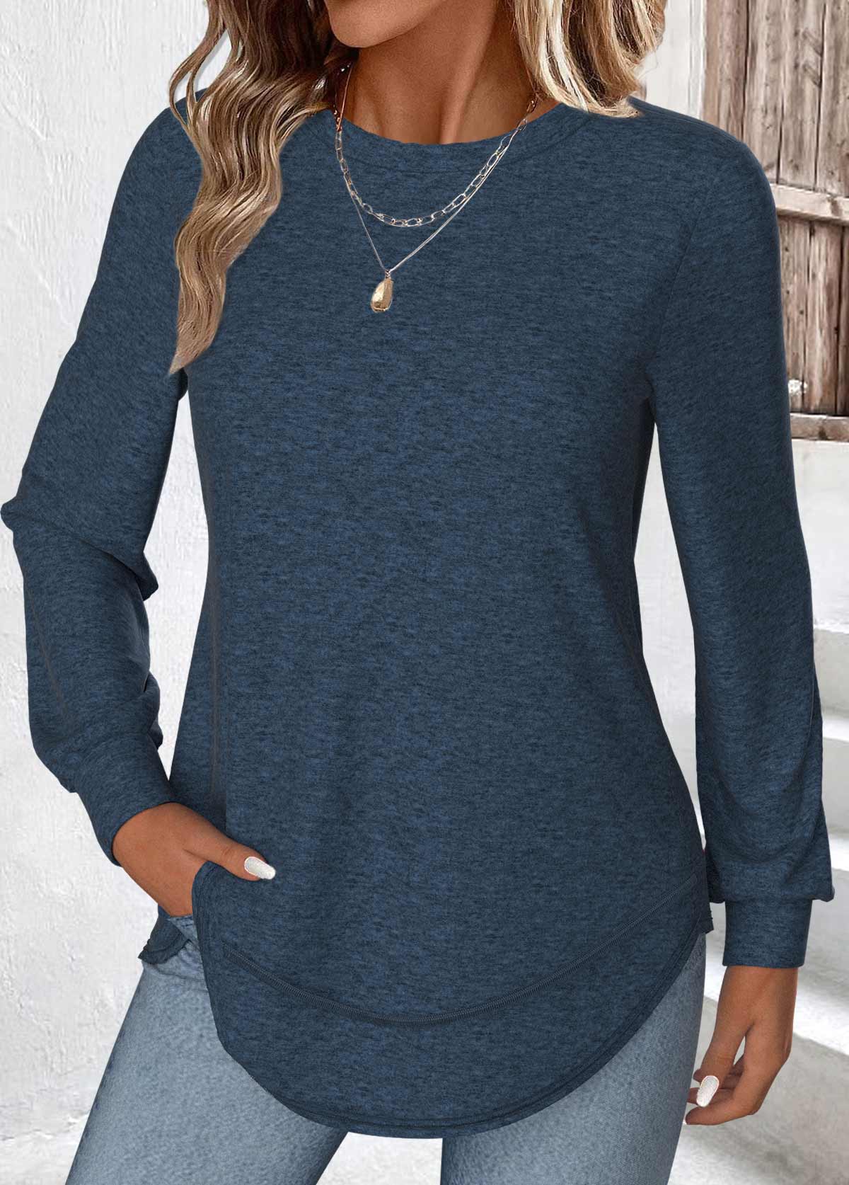 Peacock Blue Curved Hem Long Sleeve T Shirt | picture 