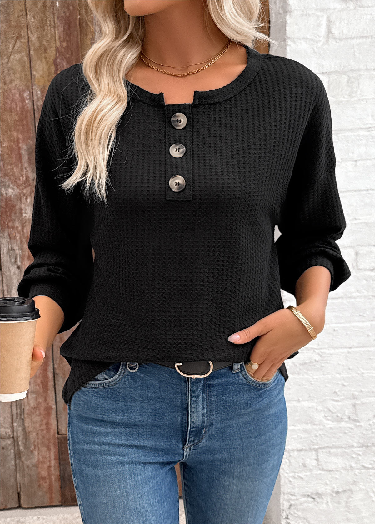 Black Tummy Coverage Long Sleeve Round Neck Sweatshirt | picture 