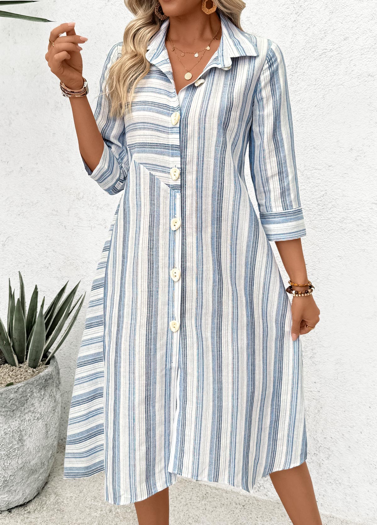 Blue Patchwork Striped 3/4 Sleeve Shirt Collar Dress | picture 