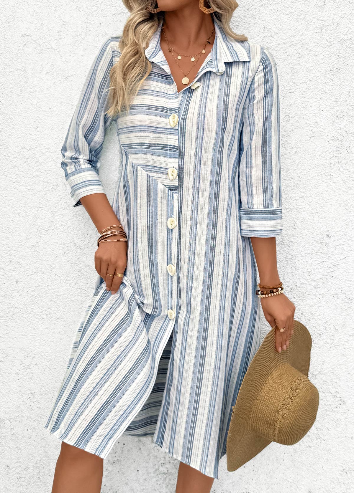 Blue Patchwork Striped 3/4 Sleeve Shirt Collar Dress | picture 
