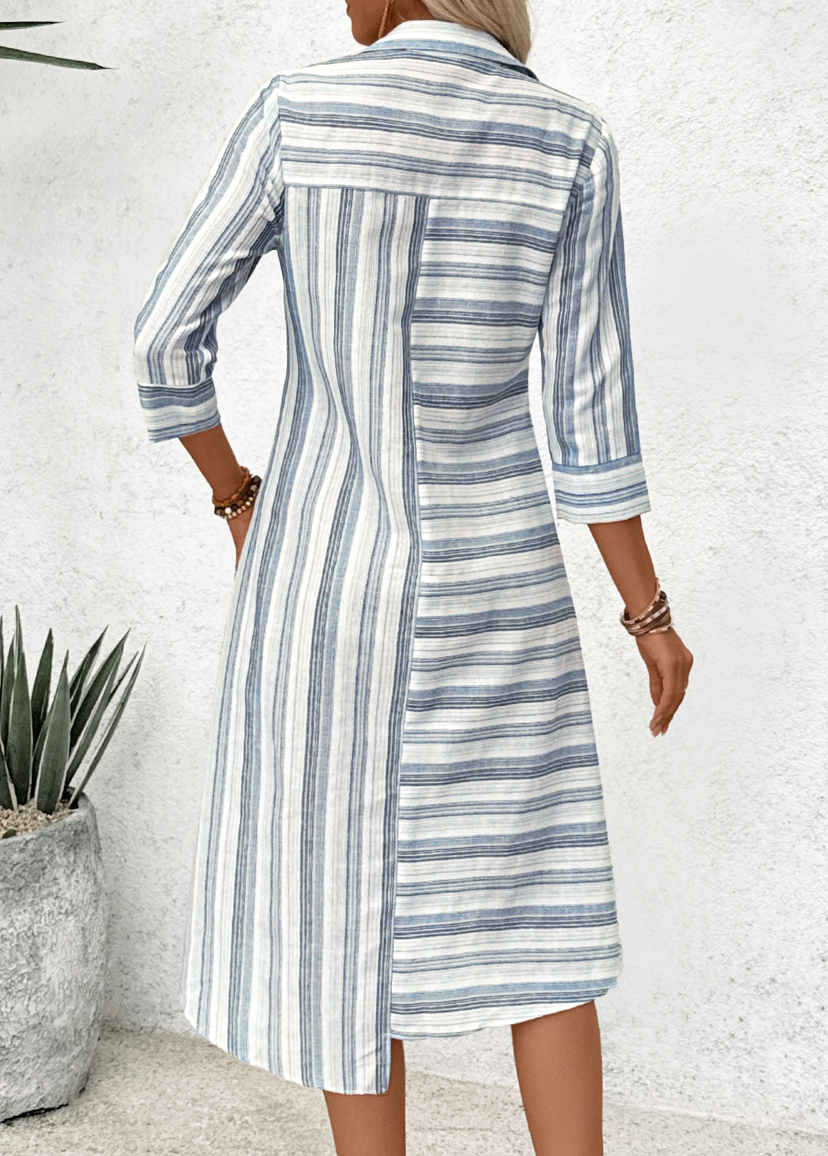 Blue Patchwork Striped 3/4 Sleeve Shirt Collar Dress | picture 