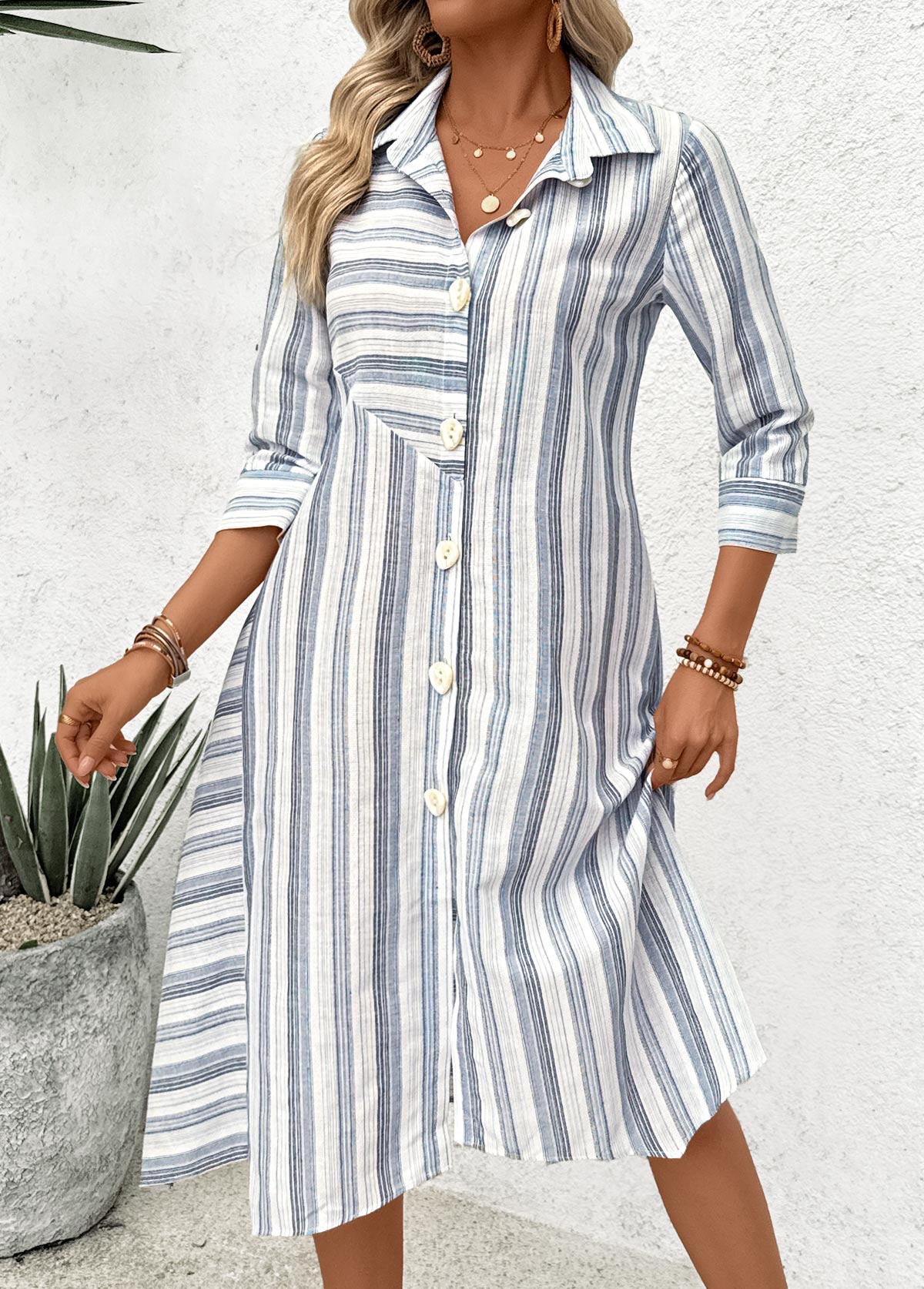 Blue Patchwork Striped 3/4 Sleeve Shirt Collar Dress | picture 