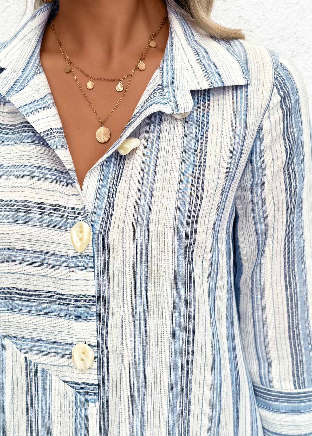 Blue Patchwork Striped 3/4 Sleeve Shirt Collar Dress | picture 