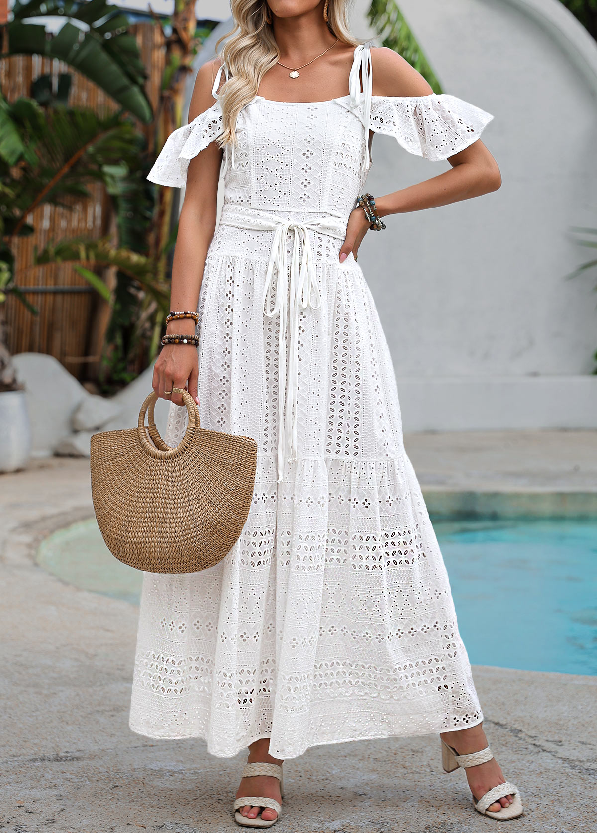 White Maxi Patchwork Belted Sleeveless Tie Collar Dress | picture 