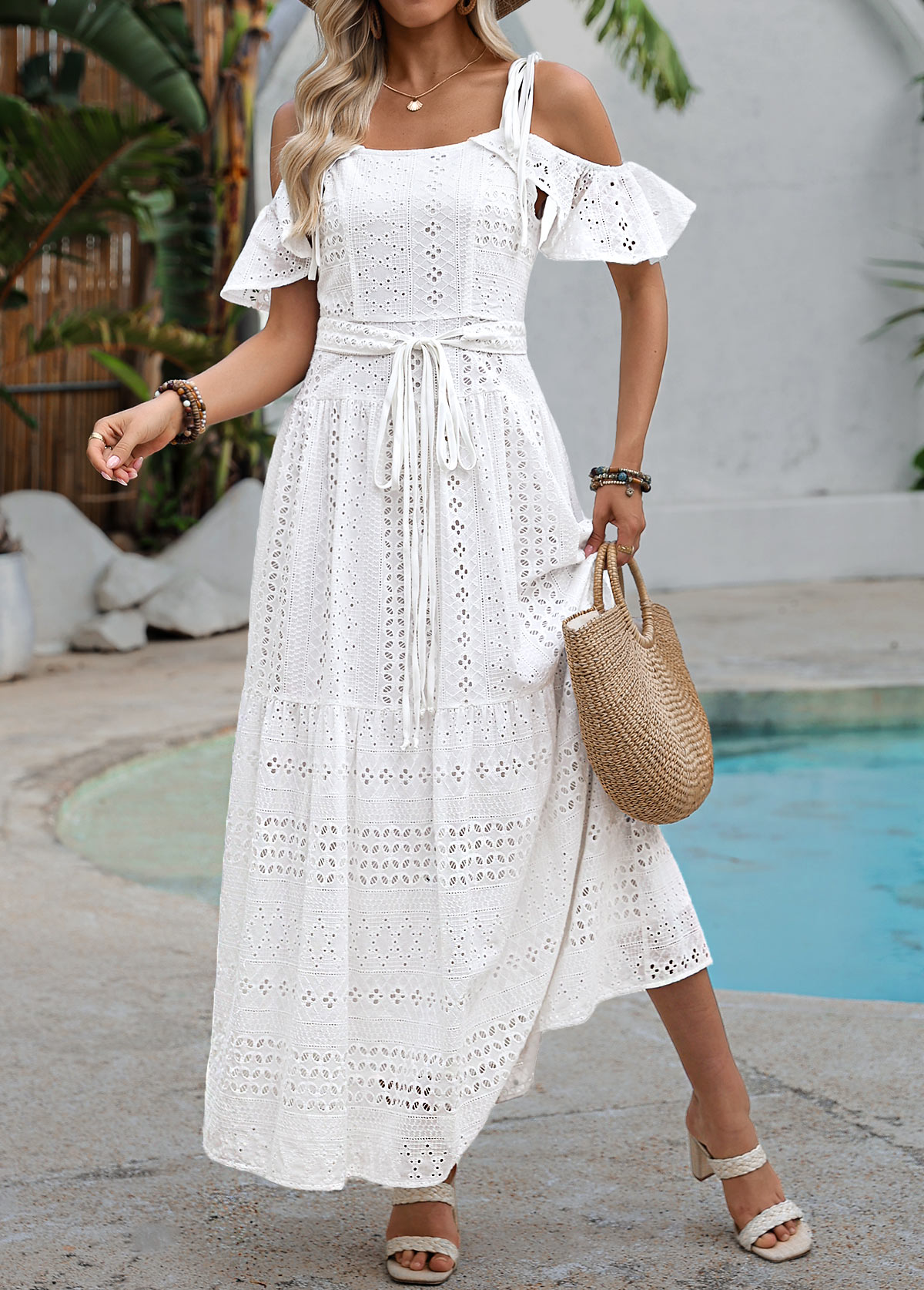 White Maxi Patchwork Belted Sleeveless Tie Collar Dress | picture 