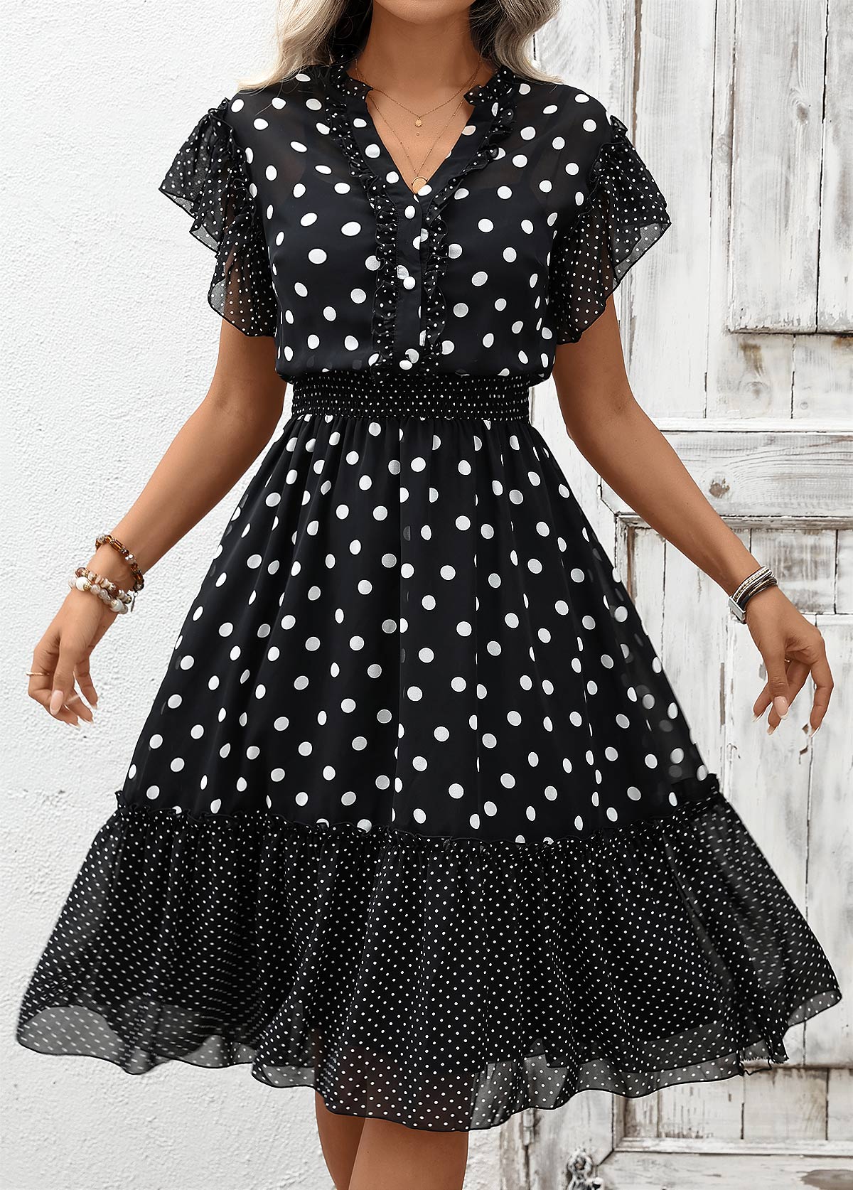 Black Polka Dot Patchwork Short Sleeve V Neck Dress | picture 