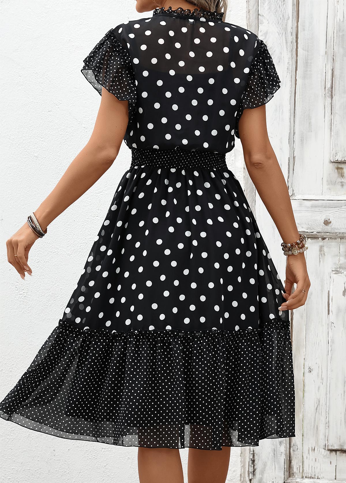 Black Polka Dot Patchwork Short Sleeve V Neck Dress | picture 