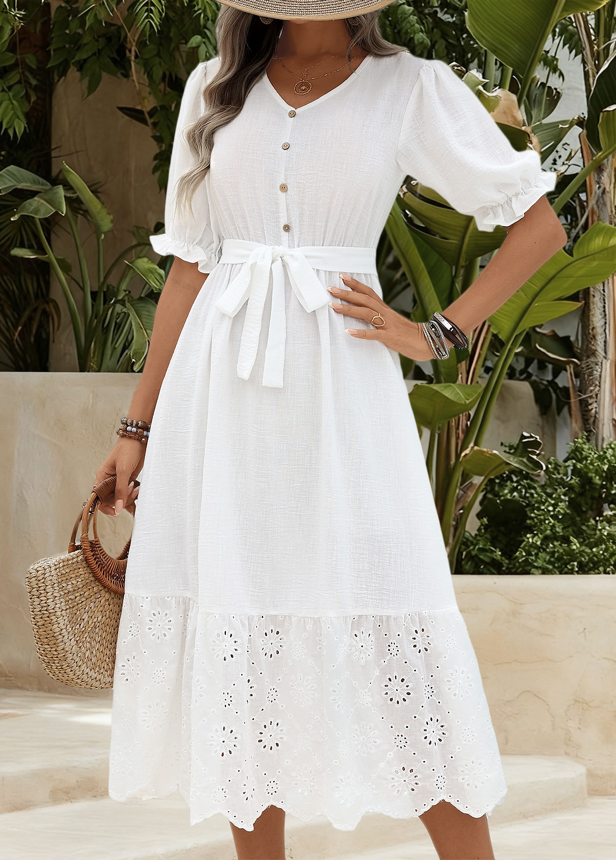 White Tummy Coverage Belted Short Sleeve V Neck Dress | picture 