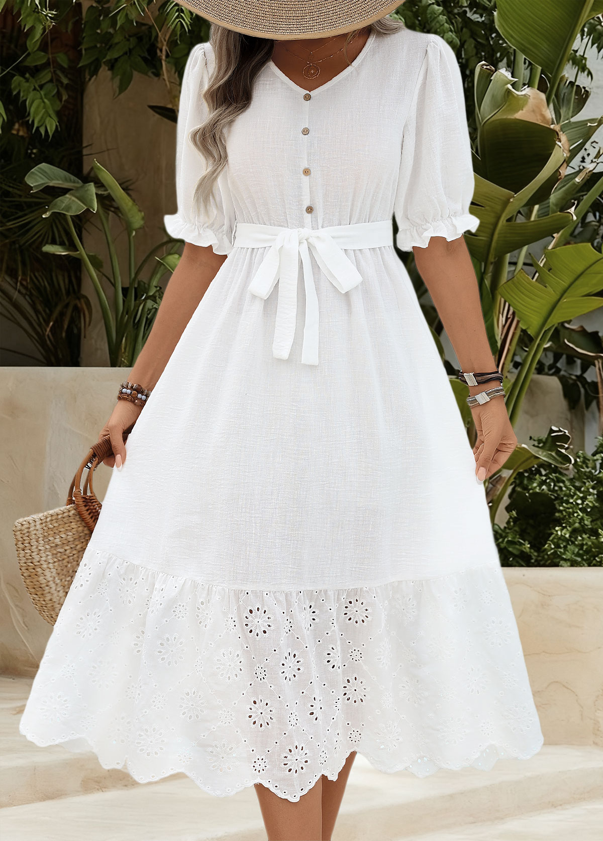 White Tummy Coverage Belted Short Sleeve V Neck Dress | picture 