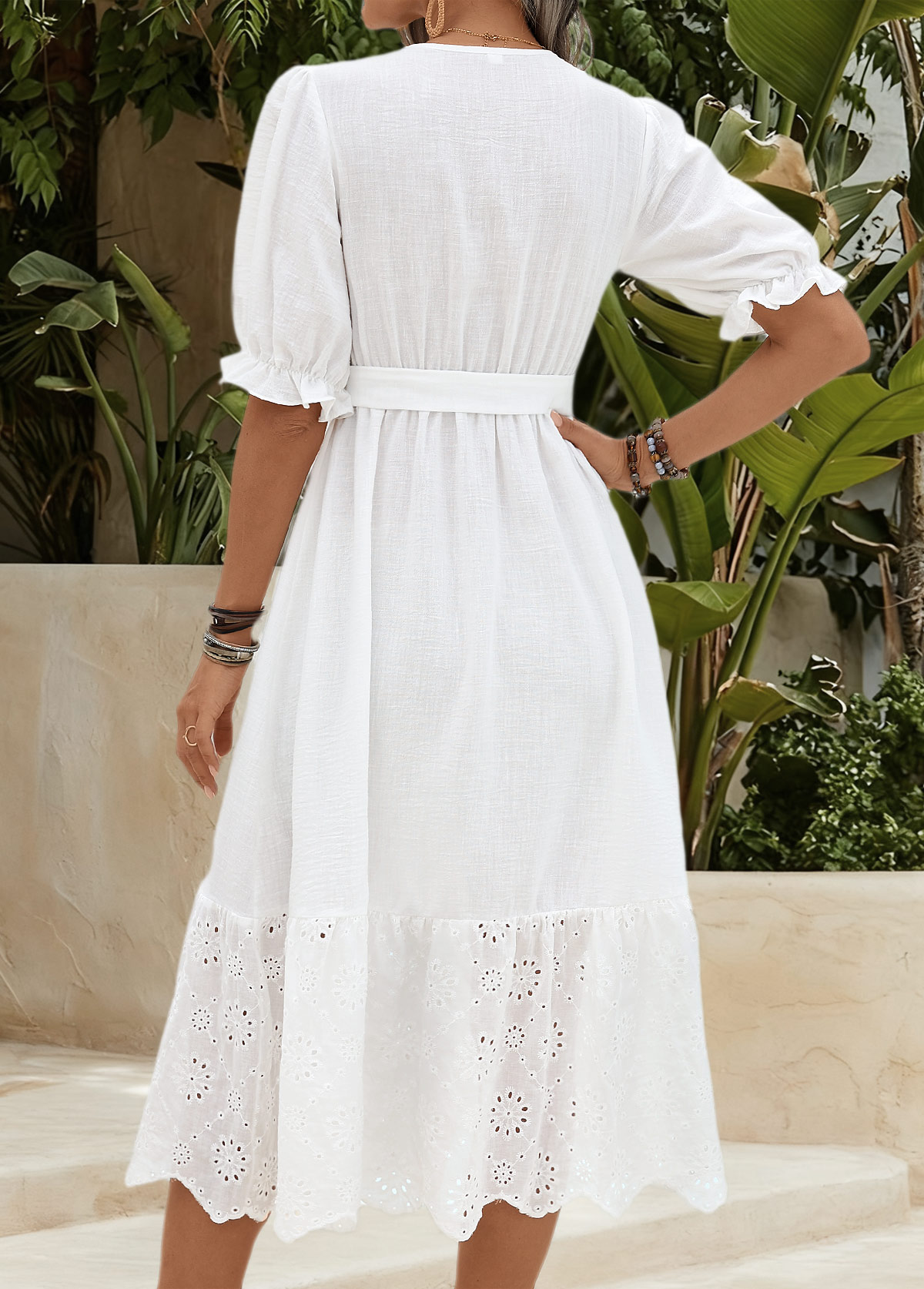White Tummy Coverage Belted Short Sleeve V Neck Dress | picture 