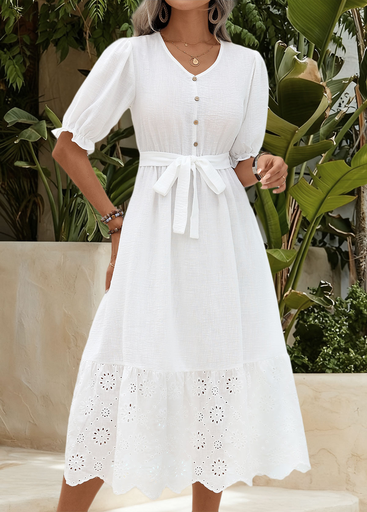 White Tummy Coverage Belted Short Sleeve V Neck Dress | picture 