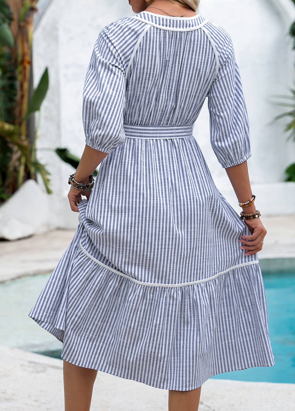 Navy Tummy Coverage Striped Belted 3/4 Sleeve Dress | picture 