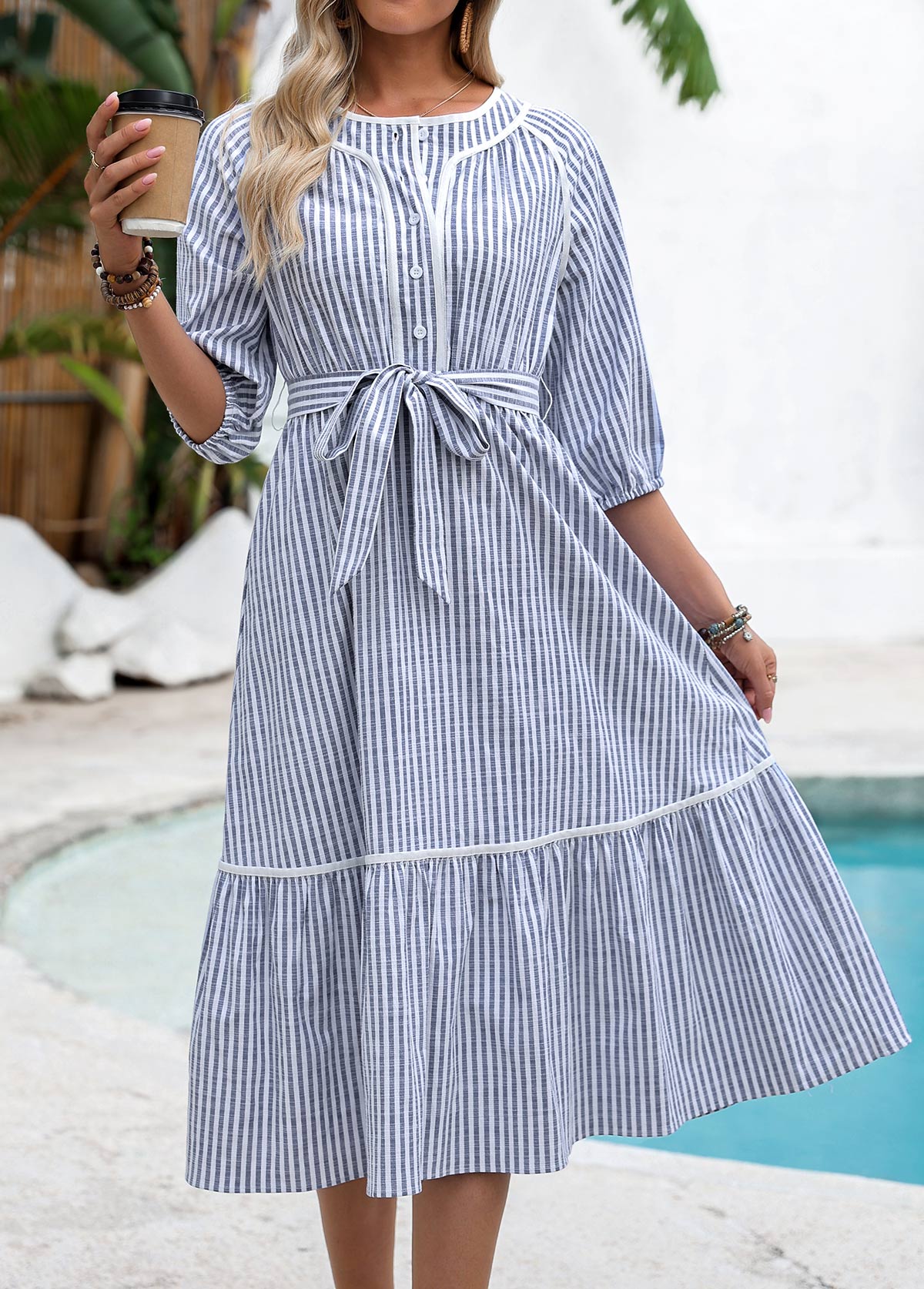 Navy Tummy Coverage Striped Belted 3/4 Sleeve Dress | picture 