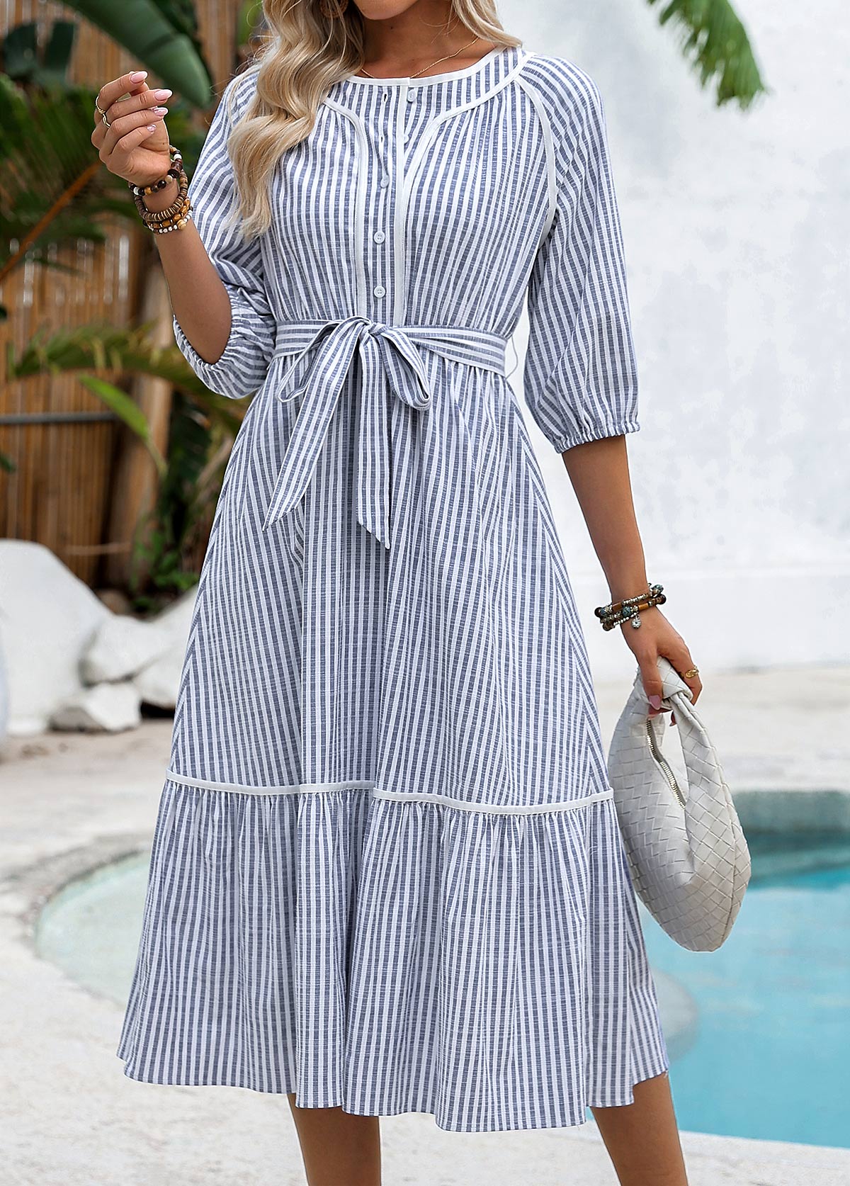 Navy Tummy Coverage Striped Belted 3/4 Sleeve Dress | picture 