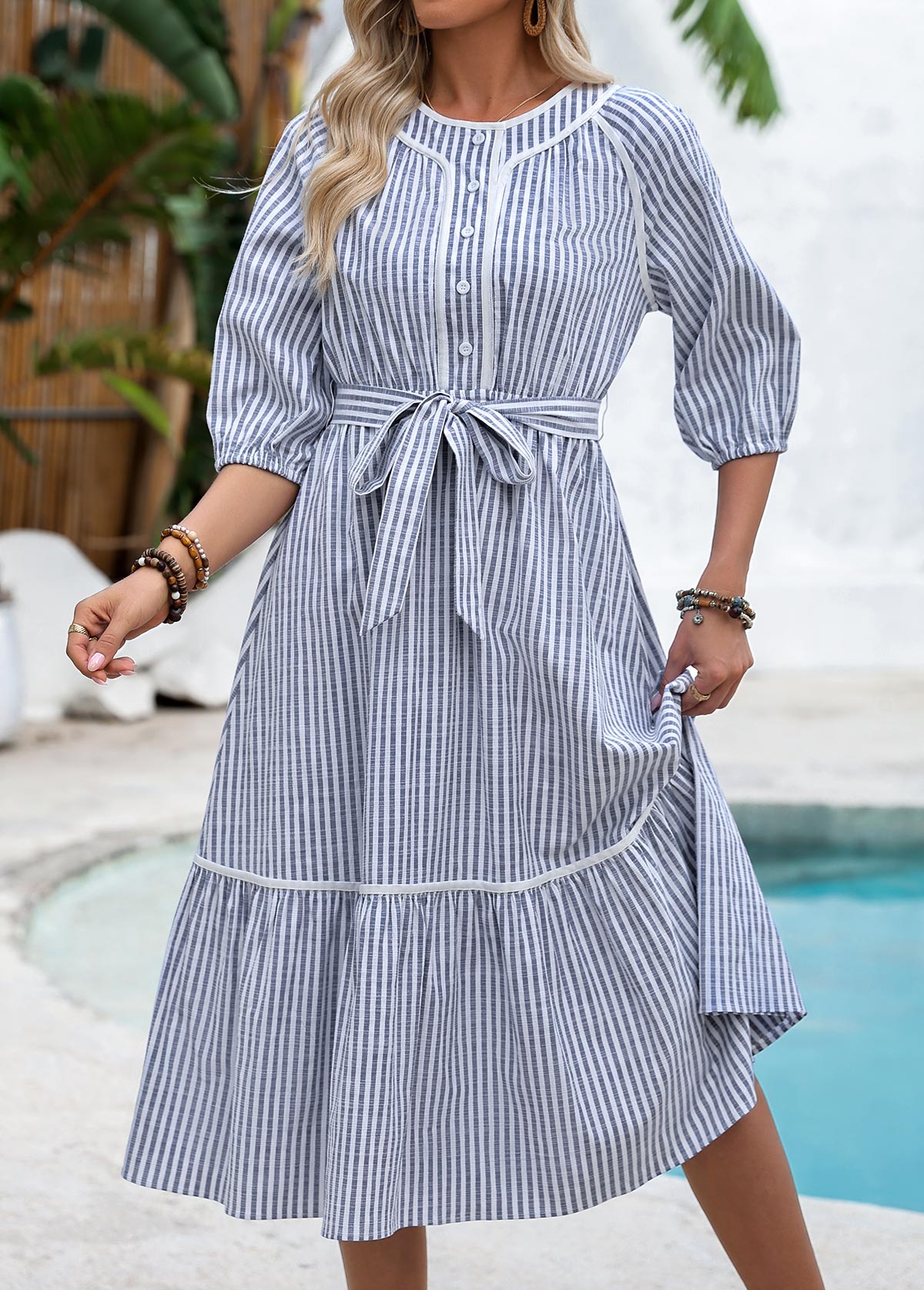 Navy Tummy Coverage Striped Belted 3/4 Sleeve Dress | picture 