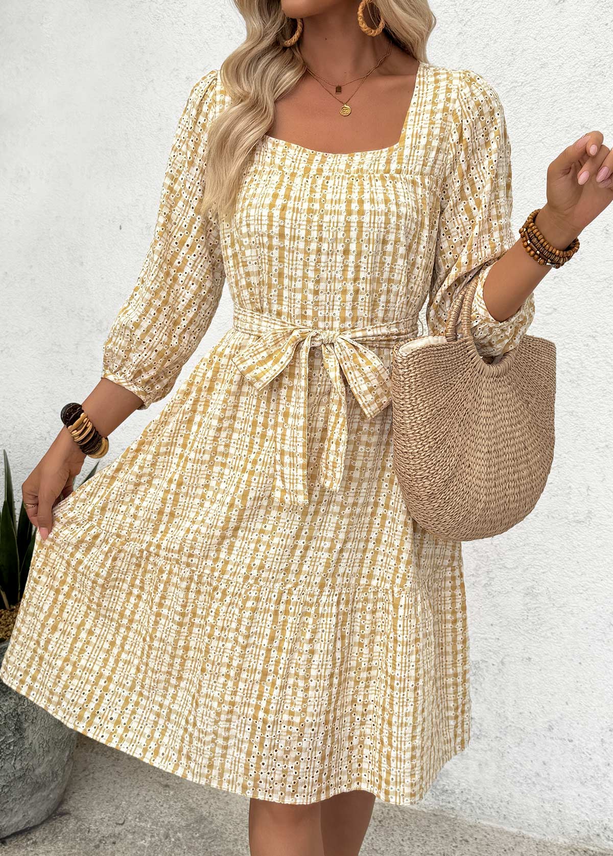 Yellow Tummy Coverage Plaid Belted 3/4 Sleeve Dress | picture 