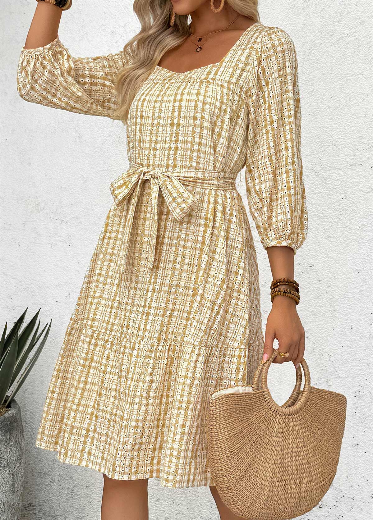 Yellow Tummy Coverage Plaid Belted 3/4 Sleeve Dress | picture 