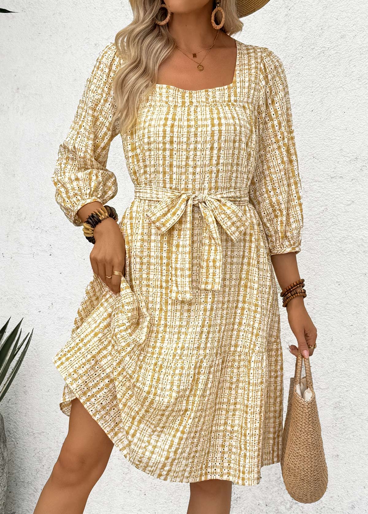 Yellow Tummy Coverage Plaid Belted 3/4 Sleeve Dress | picture 