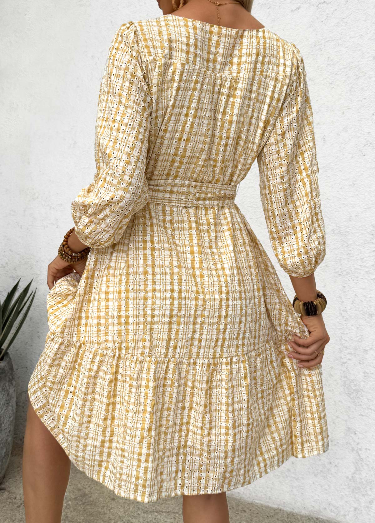 Yellow Tummy Coverage Plaid Belted 3/4 Sleeve Dress | picture 