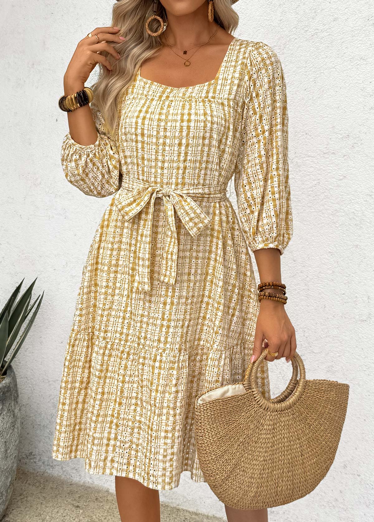Yellow Tummy Coverage Plaid Belted 3/4 Sleeve Dress | picture 