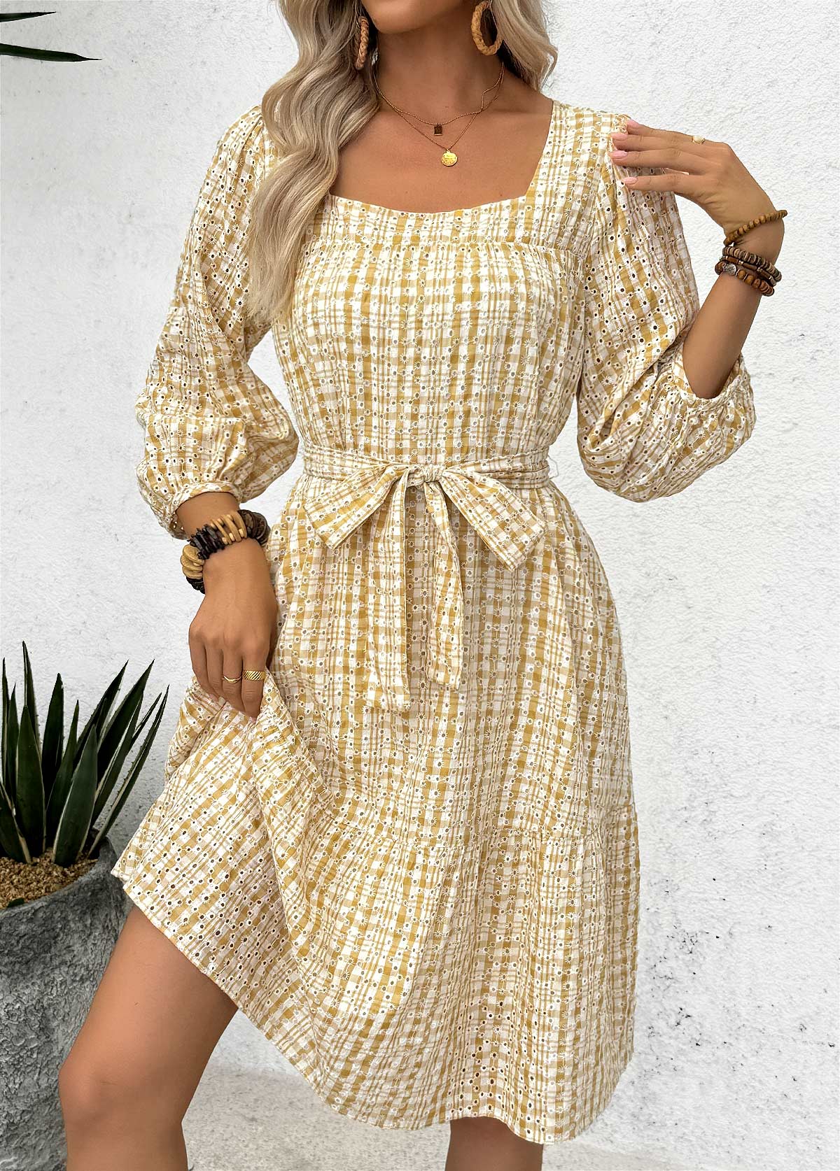 Yellow Tummy Coverage Plaid Belted 3/4 Sleeve Dress | picture 