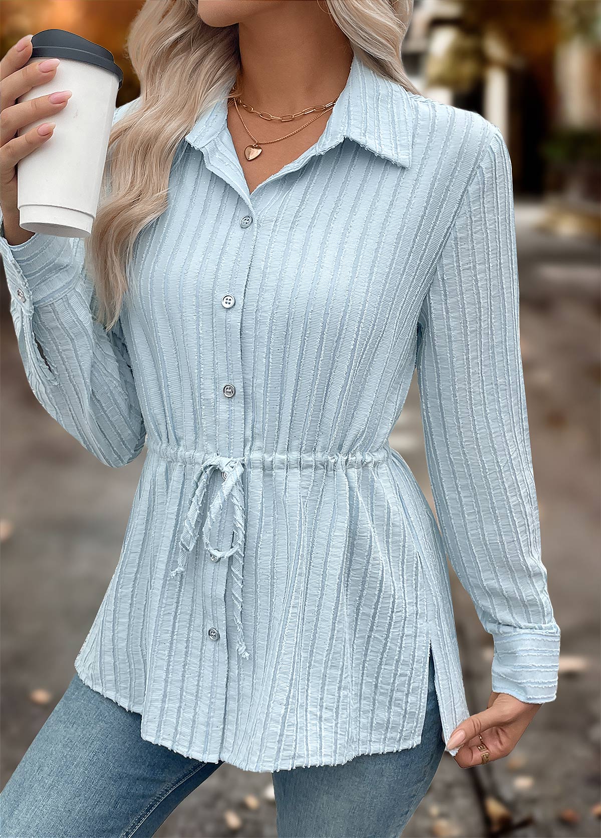 Light Blue Tummy Coverage Long Sleeve Shirt | picture 