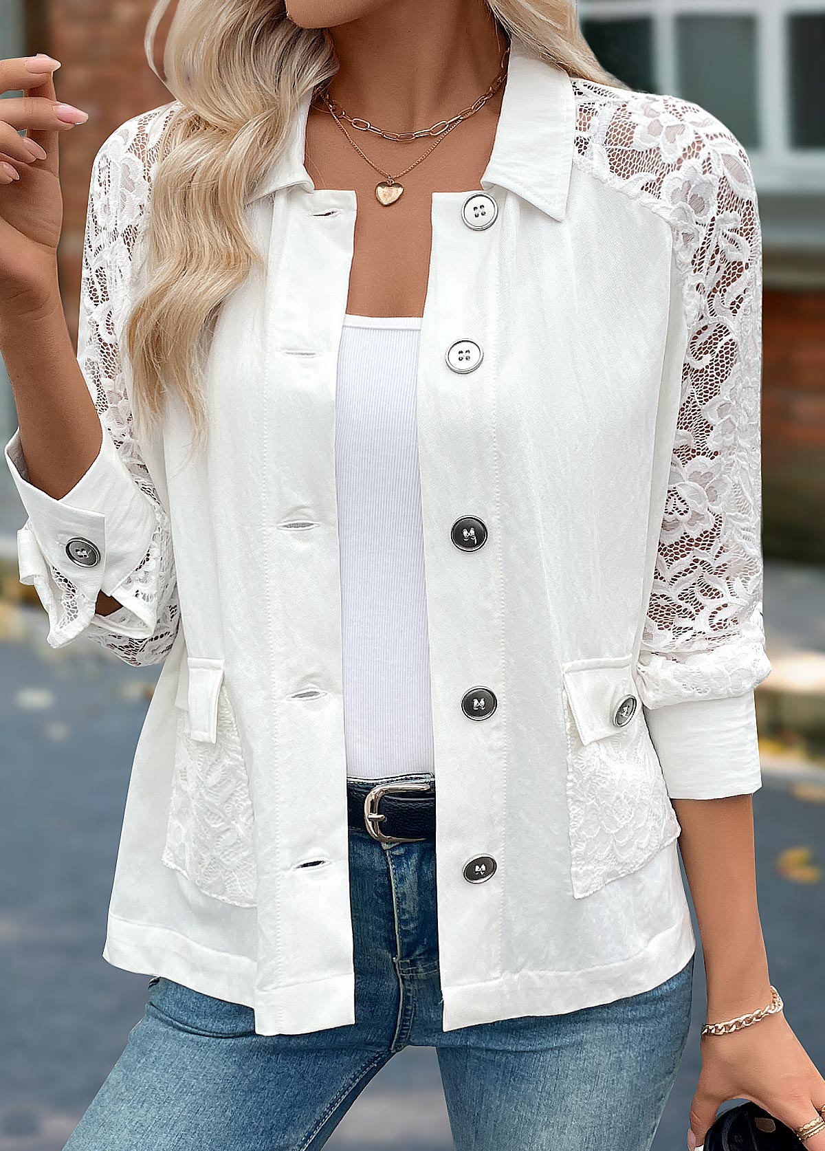 Beige Tummy Coverage Long Sleeve Turn Down Collar Shacket | picture 