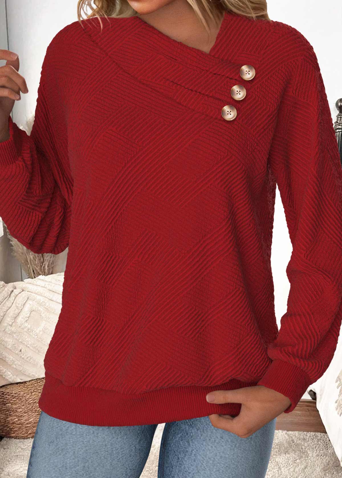 Wine Red Button Long Sleeve Asymmetrical Neck Sweatshirt | picture 