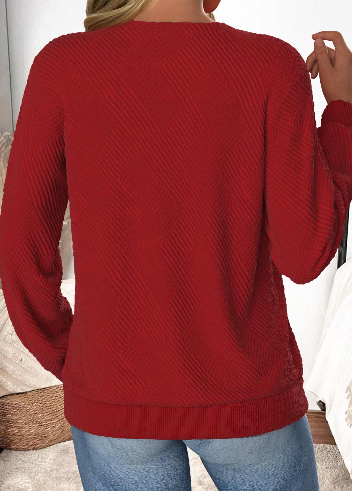 Wine Red Button Long Sleeve Asymmetrical Neck Sweatshirt | picture 