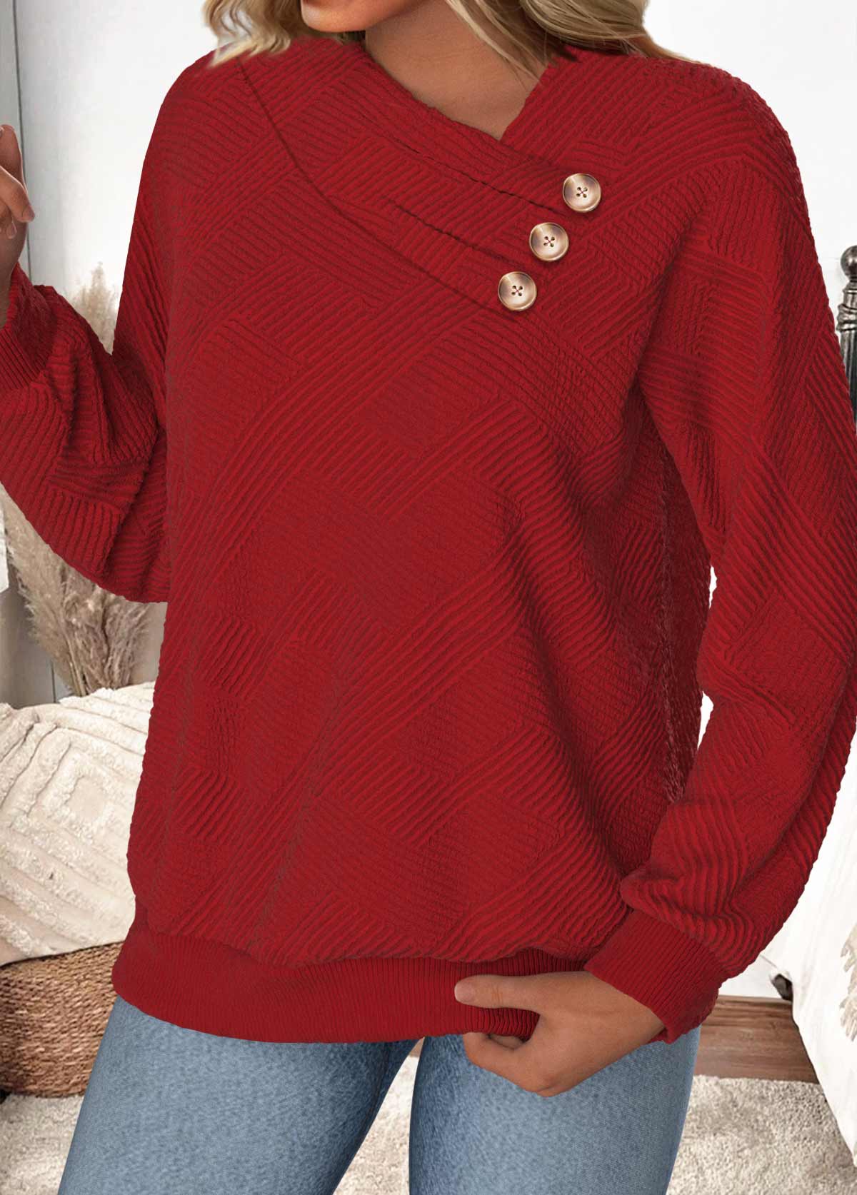 Wine Red Button Long Sleeve Asymmetrical Neck Sweatshirt | picture 