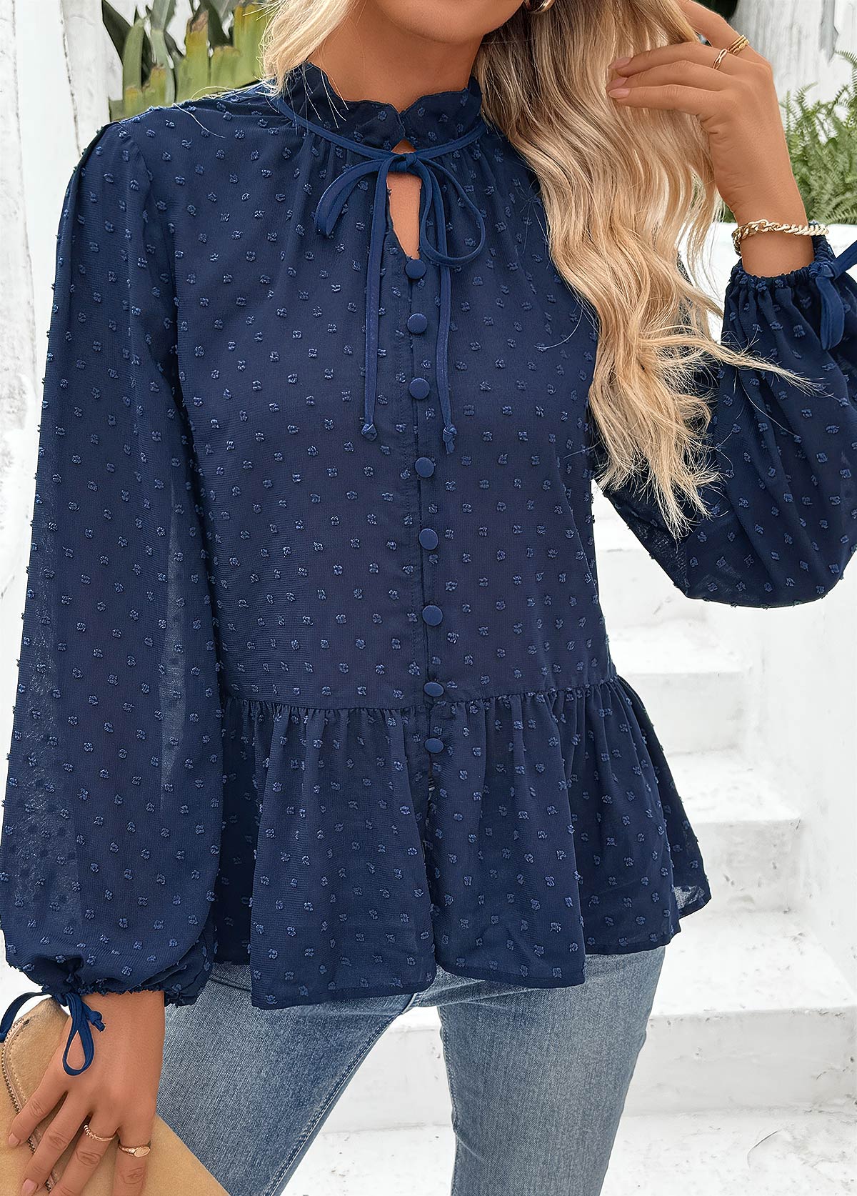 Navy Tummy Coverage Long Sleeve Stand Collar Blouse | picture 