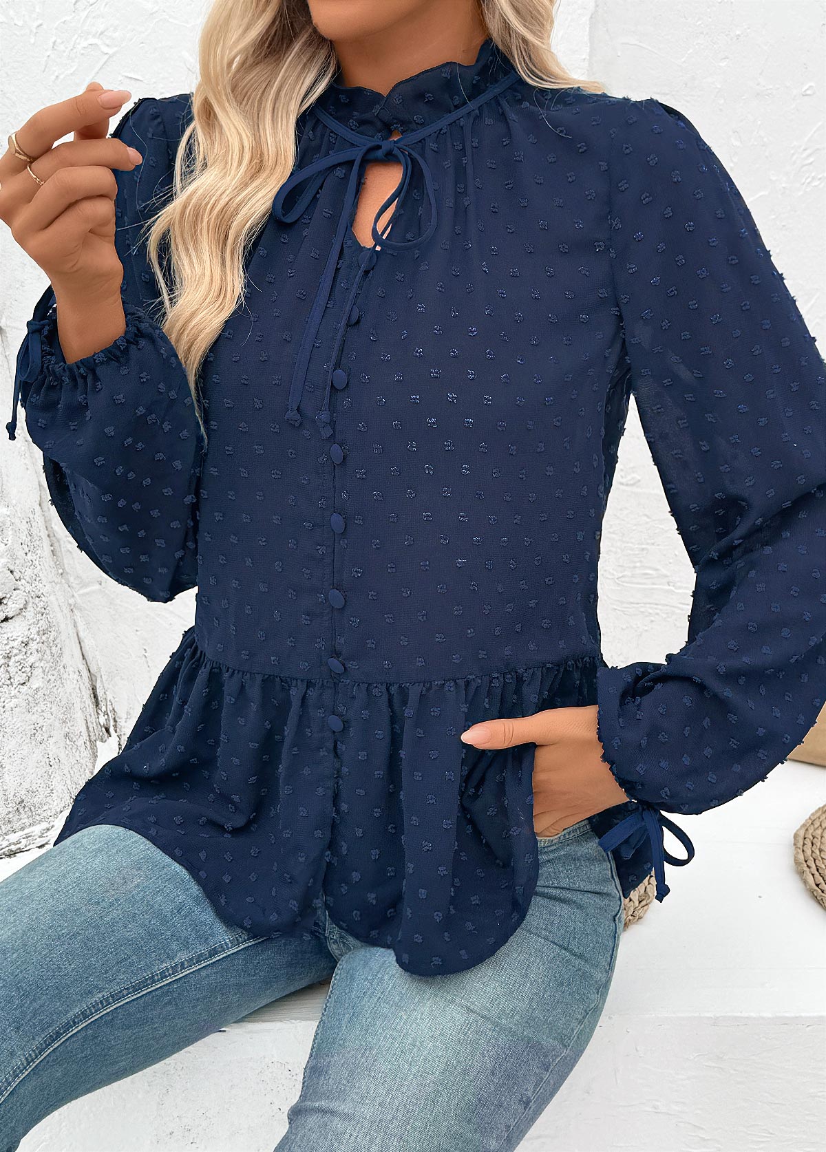 Navy Tummy Coverage Long Sleeve Stand Collar Blouse | picture 