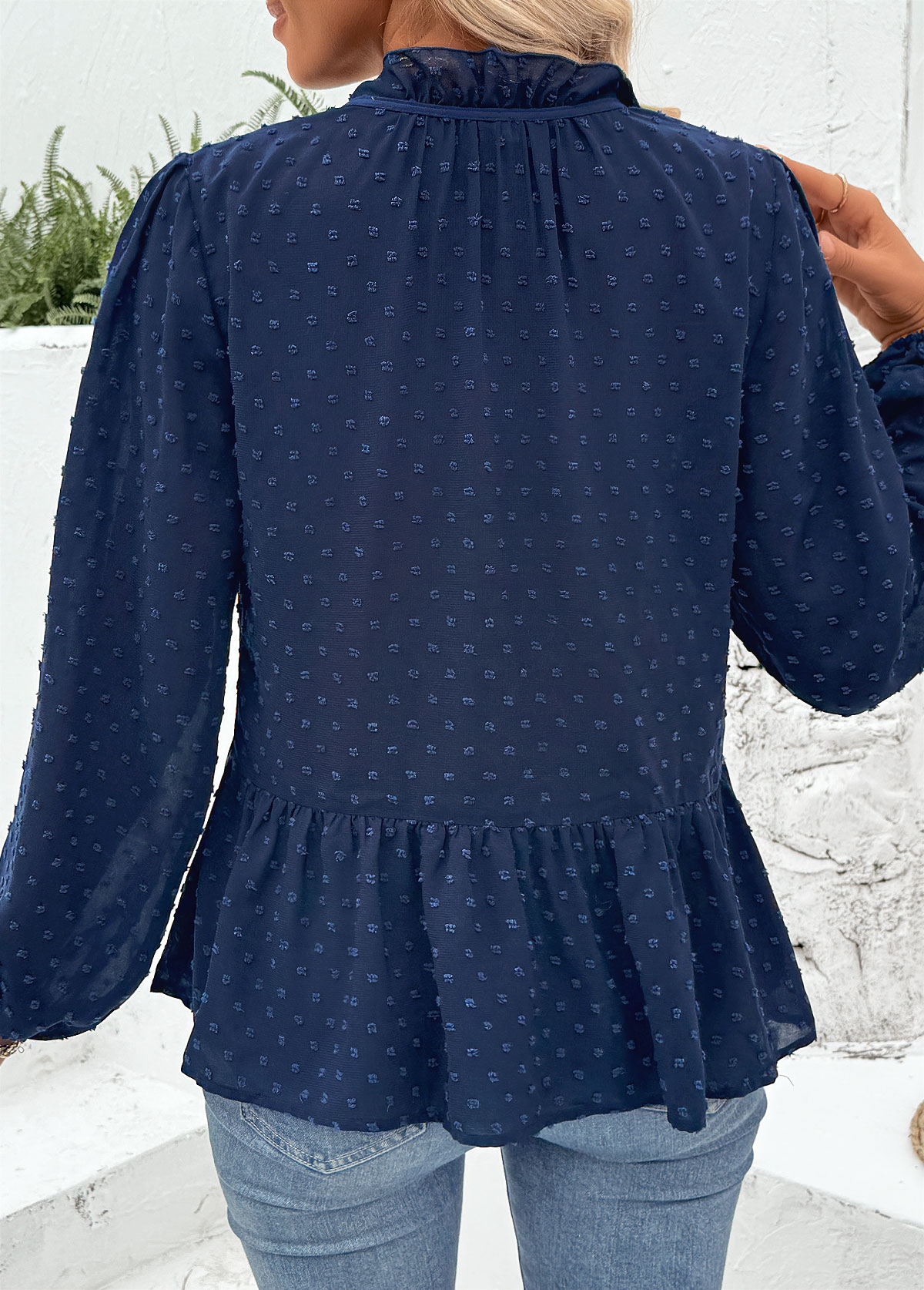 Navy Tummy Coverage Long Sleeve Stand Collar Blouse | picture 