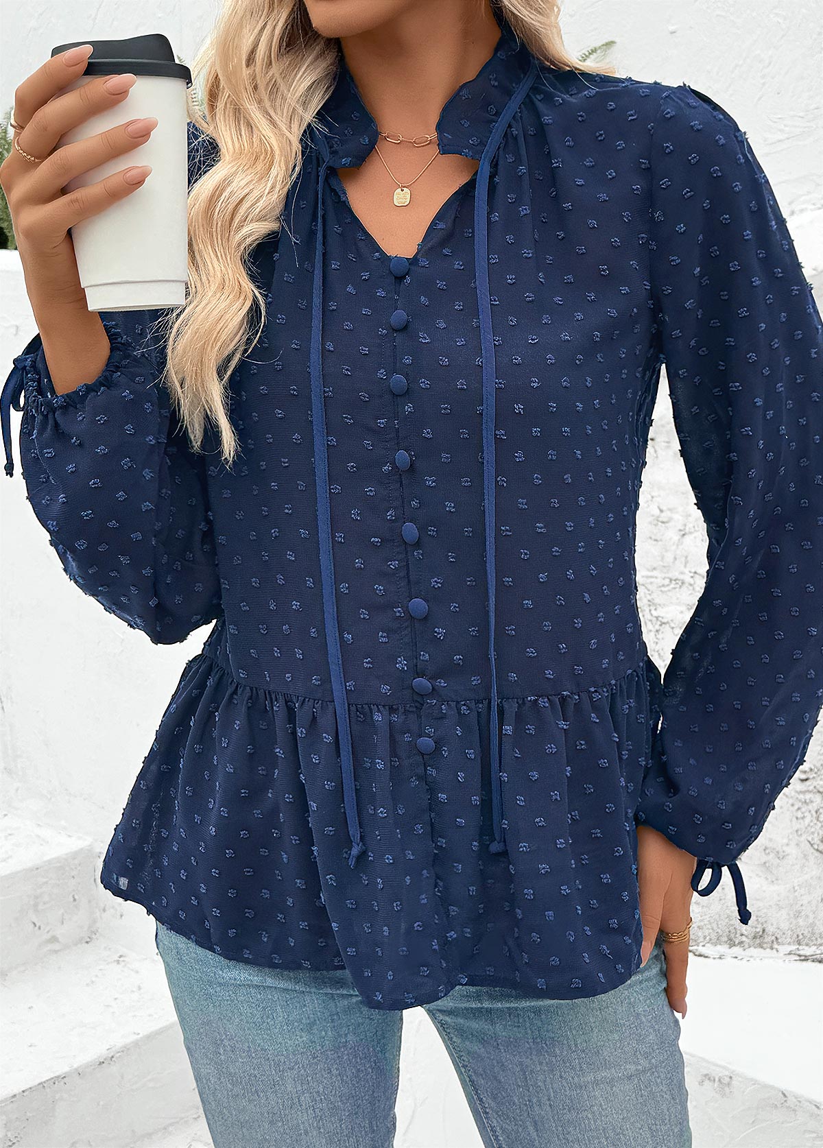 Navy Tummy Coverage Long Sleeve Stand Collar Blouse | picture 