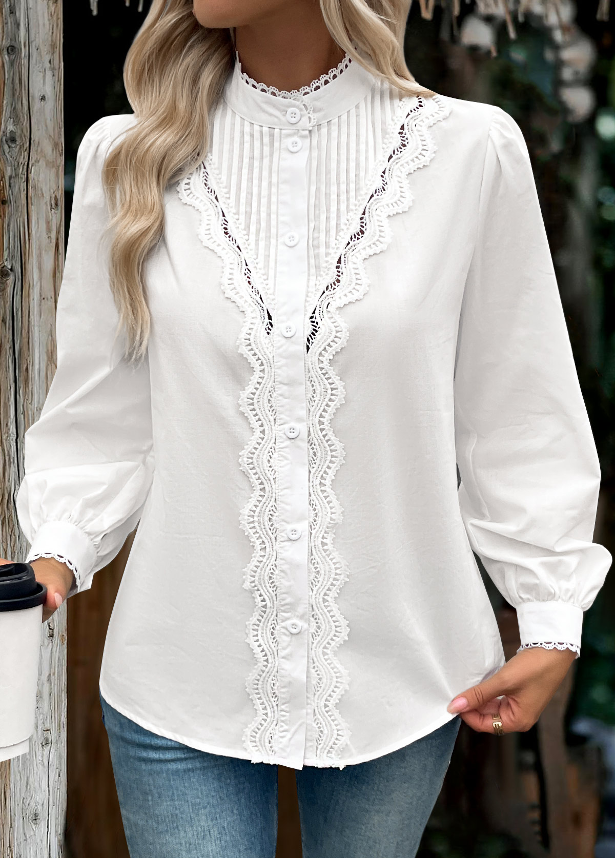 Raw White Tummy Coverage Long Sleeve Stand Collar Blouse | picture 