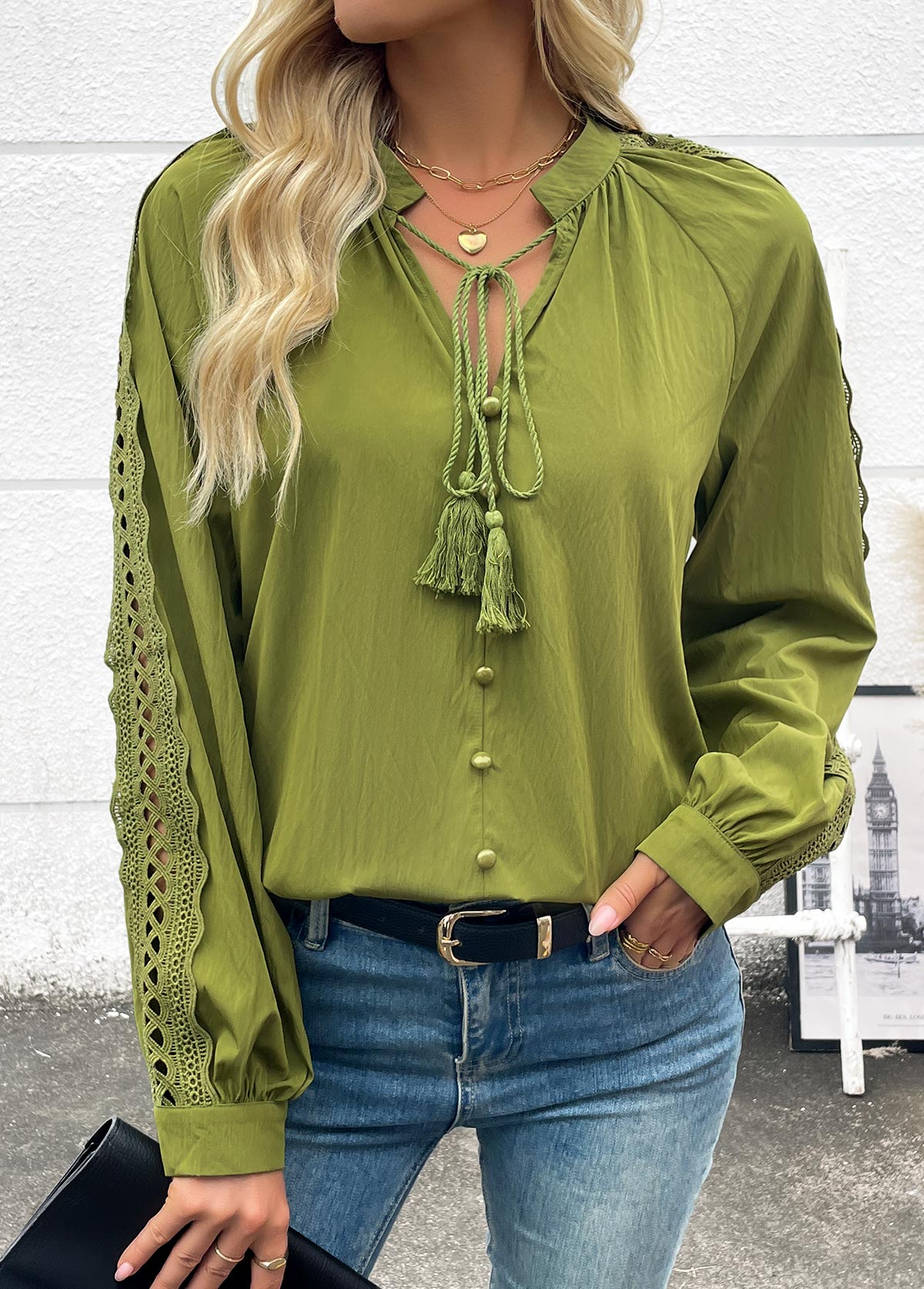Grass Green Tummy Coverage Long Sleeve V Neck Blouse | picture 