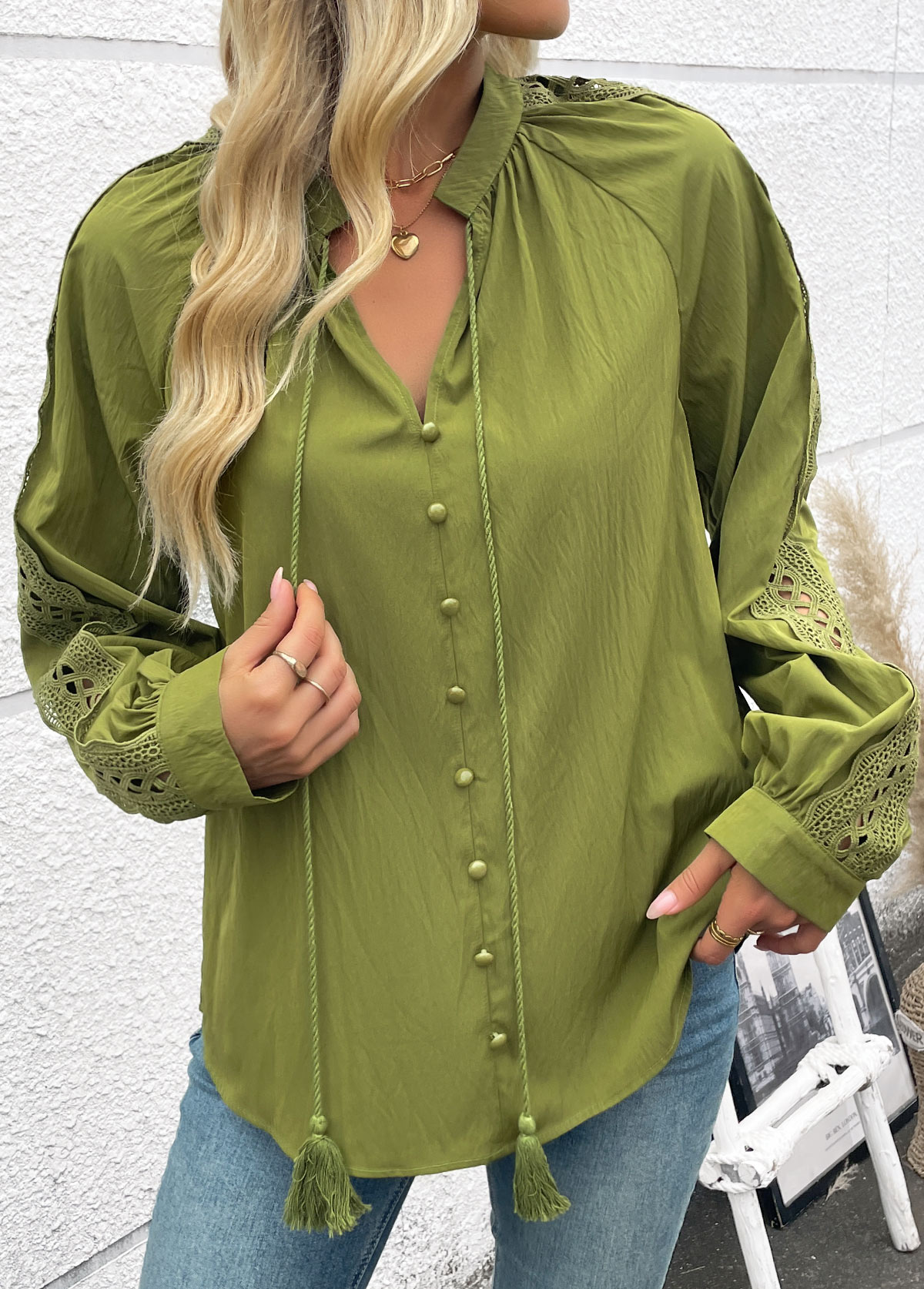 Grass Green Tummy Coverage Long Sleeve V Neck Blouse | picture 