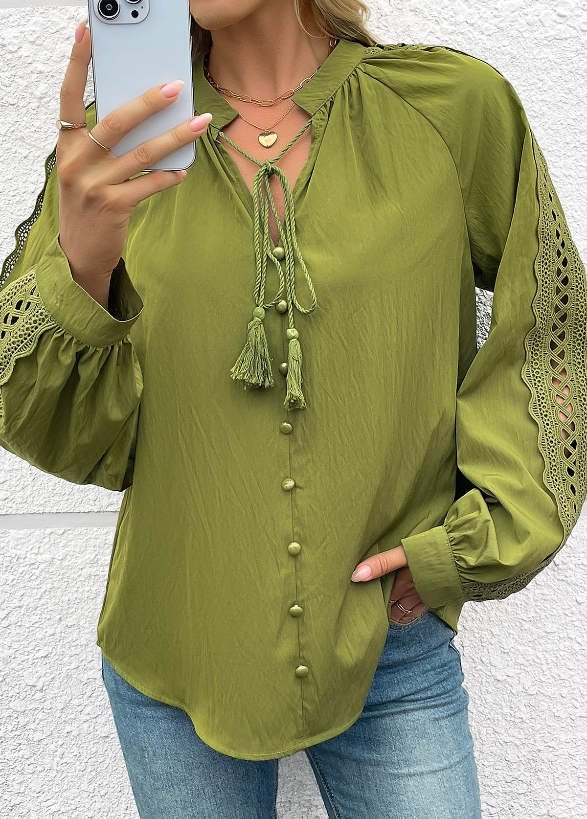 Grass Green Tummy Coverage Long Sleeve V Neck Blouse | picture 