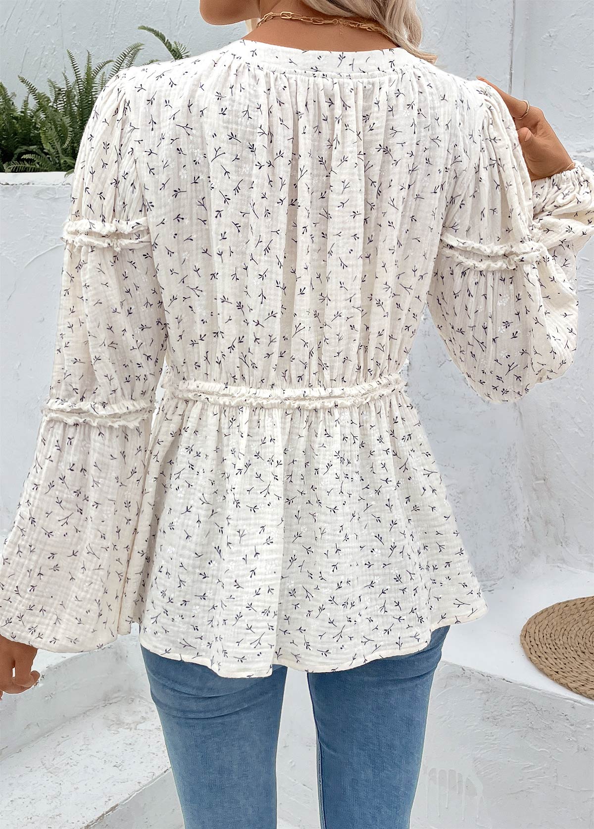 Beige Peplum Ditsy Floral Print Long Sleeve Blouse | picture 
