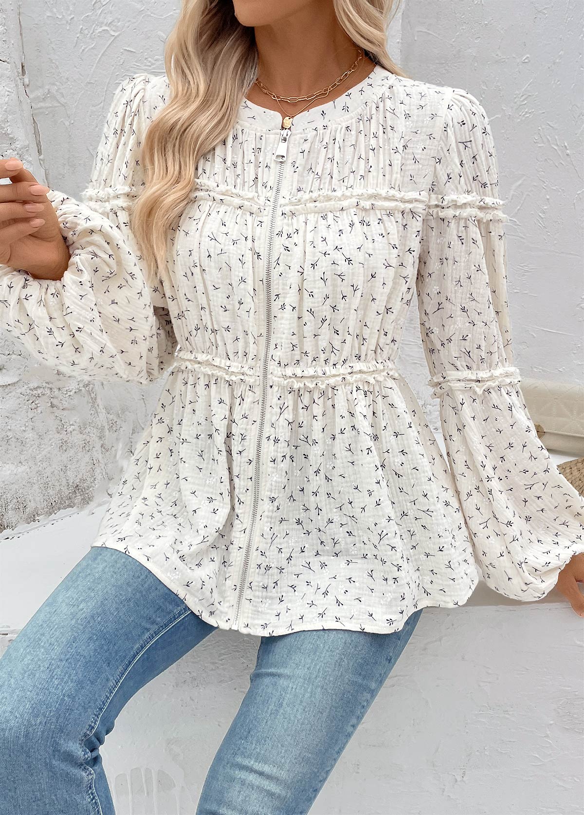 Beige Peplum Ditsy Floral Print Long Sleeve Blouse | picture 