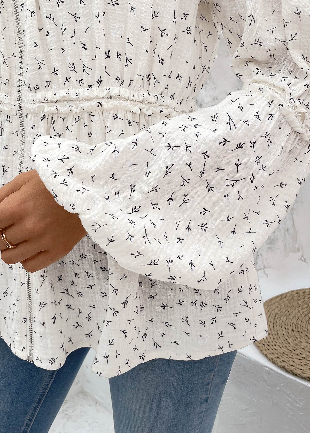 Beige Peplum Ditsy Floral Print Long Sleeve Blouse | picture 